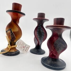 THREE different size African Art - Hand carved Soap Stone Candle Holders - Kenya
